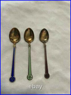 Vintage David Andersen Gold Wash Sterling Silver Enamel spoons Boxed set of 9