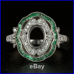 Vintage Diamond Emerald Halo Engagement Ring Setting Oval Semi Mount Art Nouveau