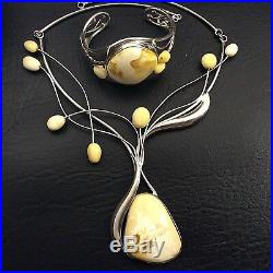 Vintage Egg Yolk Amber Sterling Silver Collar Art Nouveau Necklace Bracelet Set