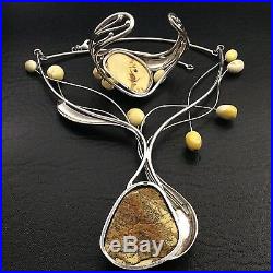 Vintage Egg Yolk Amber Sterling Silver Collar Art Nouveau Necklace Bracelet Set