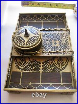 Vintage Erhard & Sohne Art Nouveau Brass & Wood Inlay Desk Set Inkwell & Blotter