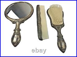 Vintage Gorham 20 Victorian Art Nouveau Repousse Mirror, Brush, Comb Dresser Set