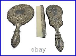 Vintage Gorham 20 Victorian Art Nouveau Repousse Mirror, Brush, Comb Dresser Set