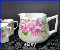 Vintage Hand Painted Floral Art Deco Nippon Cider Pitcher & 5 Cups Mugs Set