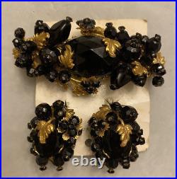 Vintage JONNE Schrager, Black Glass & Gold, Art Nouveau Brooch & Earrings Set