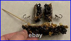 Vintage JONNE Schrager, Black Glass & Gold, Art Nouveau Brooch & Earrings Set
