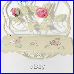 Vintage Metal Wall Shelf withCelluloid Pink Roses Set of 2 Cream / Ivory Scroll