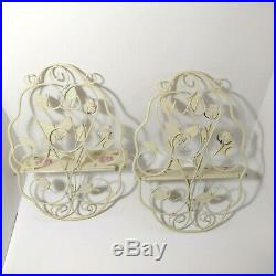 Vintage Metal Wall Shelf withCelluloid Pink Roses Set of 2 Cream / Ivory Scroll