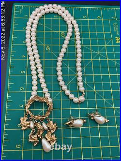 Vintage Richelieu signed Art Nouveau Revival Gilt Pearl Necklace Earrings Set