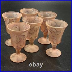 Vintage Rueven Art Nouveau Frosted Pink Satin Glass Cordials Set of 6