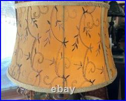 Vintage SET OF 2 Crewel Embroidered Bell Lamp Shades, Art Nouveau Gold, Organza