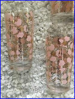 Vintage Set Of 6 Fred Press Pink Gold Floral Dogwood Nouveau Mid Century Glass