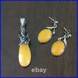Vintage Sterling Silver Butterscotch Amber Pendant and Earrings Set Art Nouveau