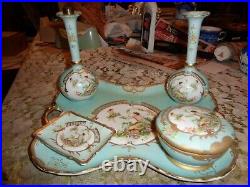 Vintage Vanity Set 6 Items Ardalt Cherub Theme Lenwile China Blue Gold-signed-WO