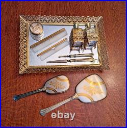 Vintage Vanity Set RARE 10 PIECE SET Mirror Brush Comb Gold Tone Art Nouveau