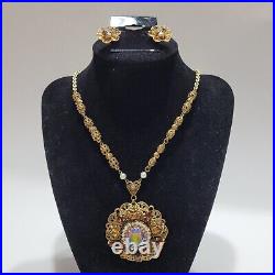 Vintage West Germany Faceted Art Nouveau Filigree Necklace & Earrings Set Gold