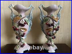 Vintage art nouveau porcelain raised relief mantle vase set
