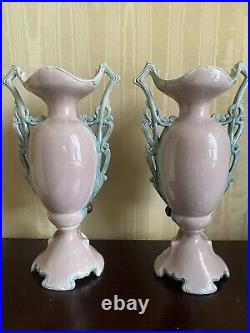 Vintage art nouveau porcelain raised relief mantle vase set
