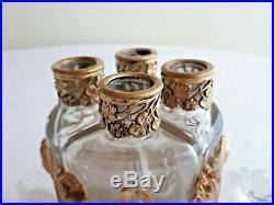 Vintage set gilt bronze & glass 4 bottles Perfume-Liquor Art Nouveau Unique