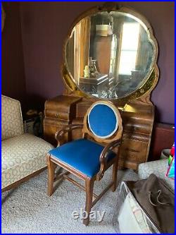 Vintage wood 4p Art Nouveau Bedroom Set FULL Bed Vanity w. Chair tall Wardrobe