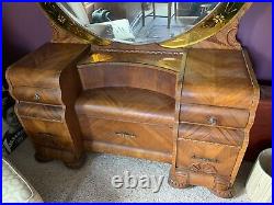 Vintage wood 4p Art Nouveau Bedroom Set FULL Bed Vanity w. Chair tall Wardrobe