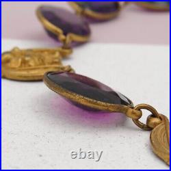 Vtg 1910s Antique Art Nouveau Bezel Set Purple Glass Repousse Flower Necklace