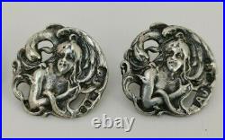 Vtg 1973 Solid Sterling Silver Set of 6 Art Nouveau Style Lady Girl Swan Buttons