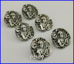 Vtg 1973 Solid Sterling Silver Set of 6 Art Nouveau Style Lady Girl Swan Buttons