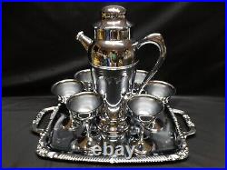 Vtg Art Nouveau 8pc Chrome Bar Set Cocktail Shaker Grape Design 6 Goblets & Tray