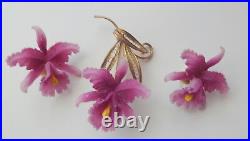 Vtg Art Nouveau Deco Ges Gesch Celluloid Orchid Brooch Clip Earring 3pc Set RARE