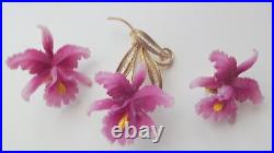 Vtg Art Nouveau Deco Ges Gesch Celluloid Orchid Brooch Clip Earring 3pc Set RARE