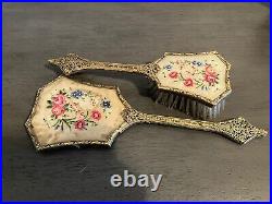 Vtg Art Nouveau Floral Embroidered Gold Filigree Vanity Brush Mirror Set E & JB