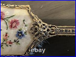 Vtg Art Nouveau Floral Embroidered Gold Filigree Vanity Brush Mirror Set E & JB