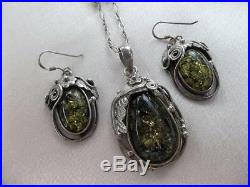 Vtg Art Nouveau Sterling Silver Green Baltic Amber Floral Necklace Earrings Set