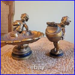 Vtg Bacchus Child Brass Metal Ashtray & Lighter Sculpture Set Art Nouveau Signed