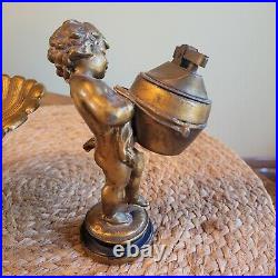 Vtg Bacchus Child Brass Metal Ashtray & Lighter Sculpture Set Art Nouveau Signed