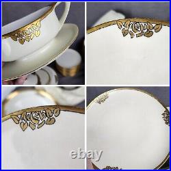 Vtg China Set Hand-Painted 62 Piece Dinnerware Art Nouveau Gold White 12 Service