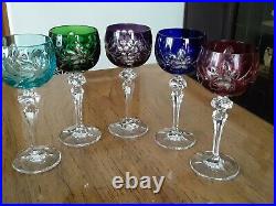 Vtg Czechoslovakia Cut To Clear Multi-color Crystal Wine Glasses Set Of 5 Unused