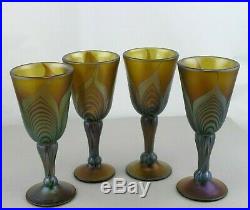 Vtg S. Correia Decanter & 4 Sherry Glasses Iridescent Amber Pulled Feather Set