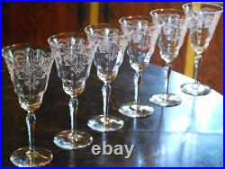 Vtg Set 6 MORGANTOWN Needle Etched ART NOUVEAU Optic Water Goblets Glasses 7 7/8