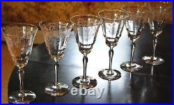 Vtg Set 6 MORGANTOWN Needle Etched ART NOUVEAU Optic Water Goblets Glasses 7 7/8