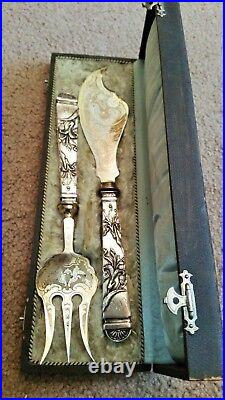 Vtg Sterling Silver Art Nouveau IRIS Flower Design FISH SERVING SET Fork & Knife