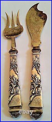 Vtg Sterling Silver Art Nouveau IRIS Flower Design FISH SERVING SET Fork & Knife