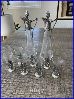 WMF Art Nouveau Liqueur Set vintage 2 decanter, cut crystal glasses