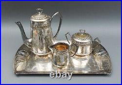 WMF German Art Nouveau Silver Plated 4 Piece Coffee Tea Set With Tray