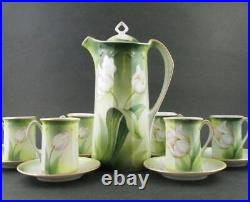 White TULIPS Art Nouveau Porcelain CHOCOLATE SET 14pcs R. S. GERMANY c. 1910