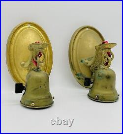 Wired Set Two Brass Antique Art Nouveau Gold Armed Wall Sconces Deco Satin Shade