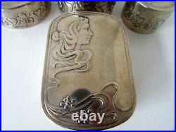Wmf Art Nouveau Maiden Silver Plated Toilette Vanity Box Set 5 Pieces