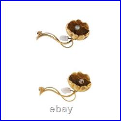 Yellow Gold Set of Two Art Nouveau Pearl Flower Brooches 10k Blossom Pins